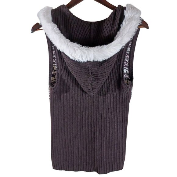Miss Attitude Fair Isle Fur Trimmed Hooded Knit Brown Pink Girls L Sweater Vest - Picture 5 of 7